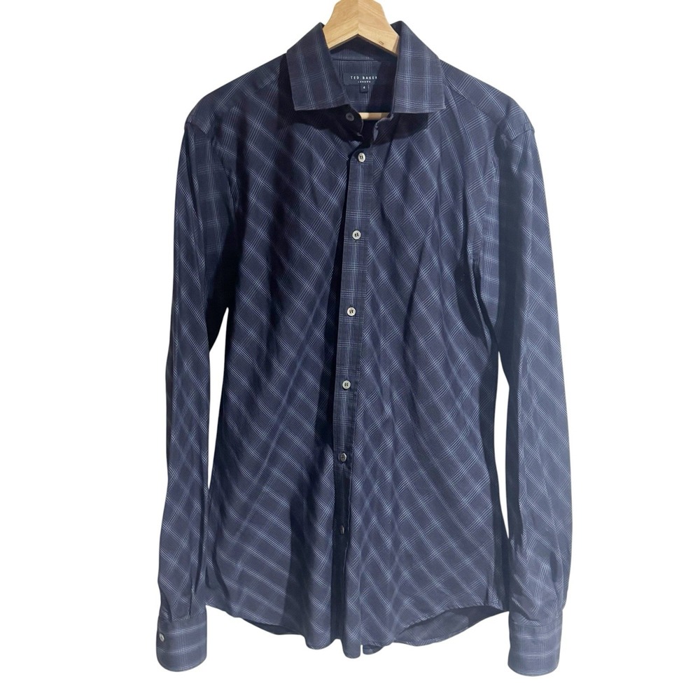 Ted Baker Men 4 Navy Blue Geometric Diamond Print Button Down Long Sleeve Shirt